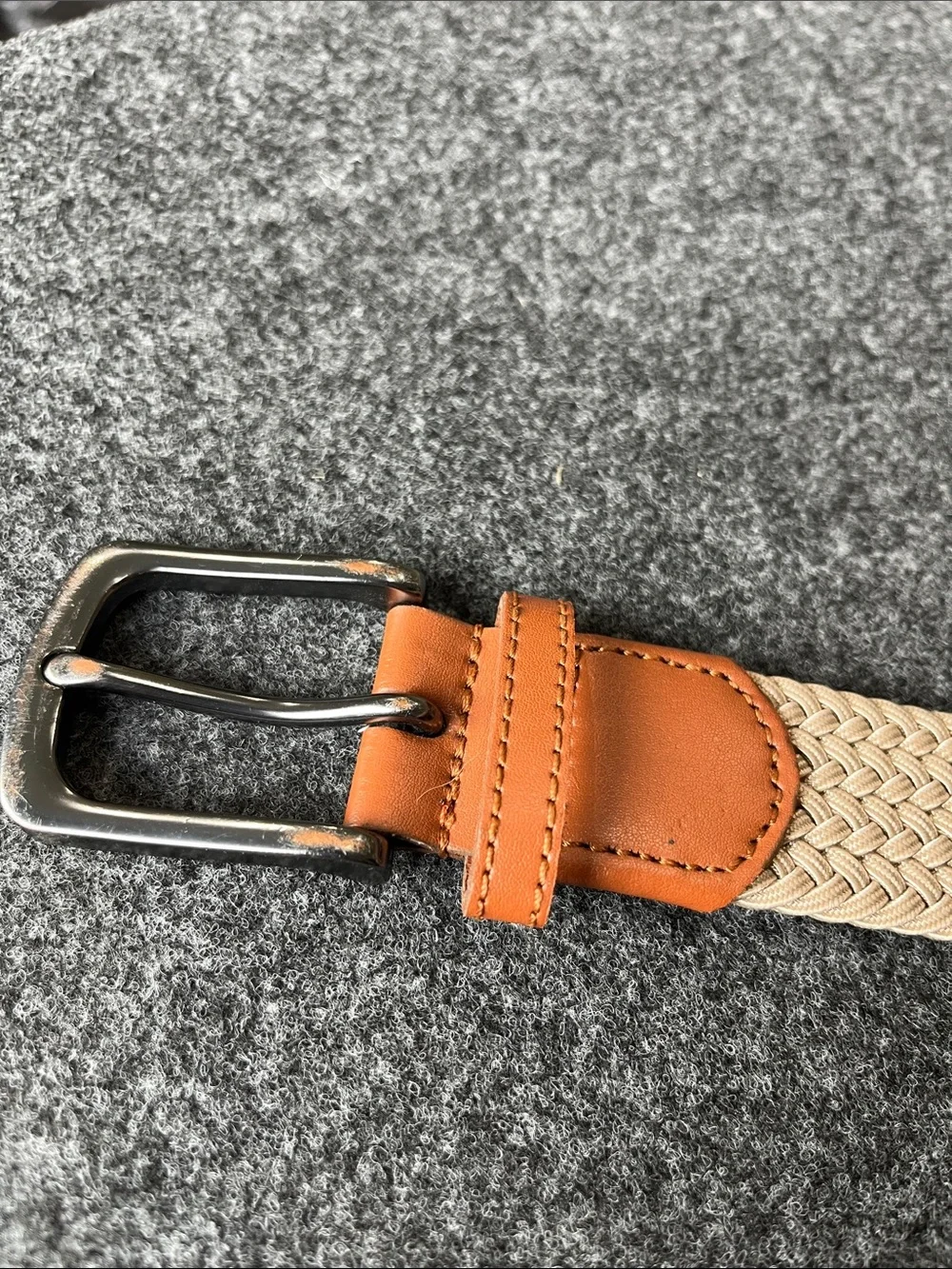 Stretch Woven Elastic Belt in Beige with Brown Leather Trim